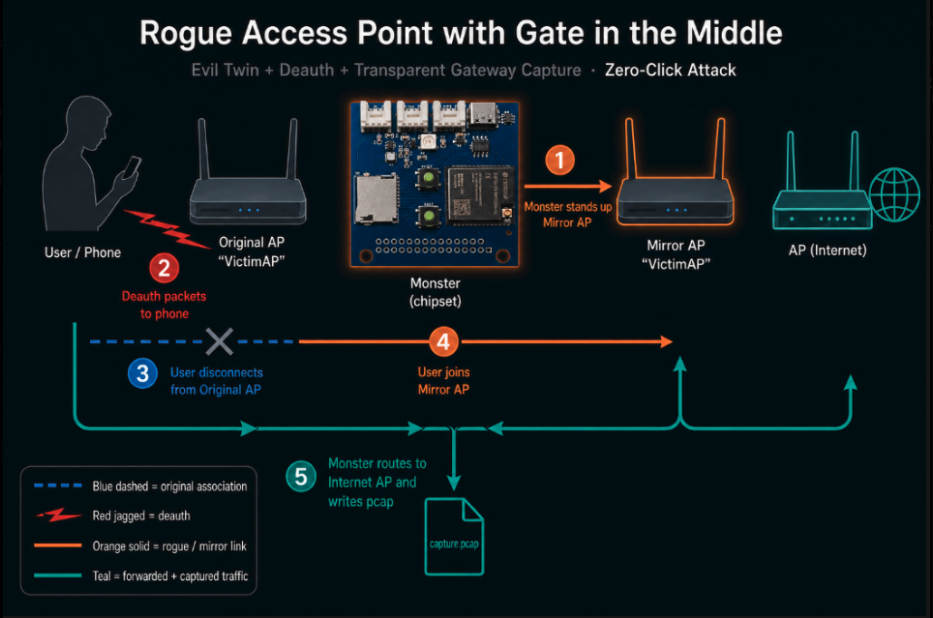 Diagram showing Rogue GITM mirrored AP and gateway capture flow